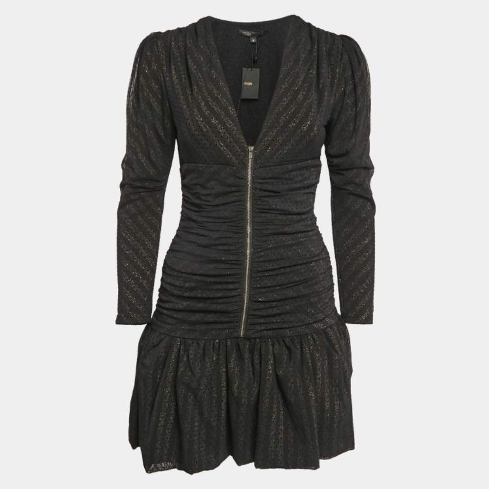 MajeMaje Black Lurex Knit Mesh Ruched Ralone Mini Dress